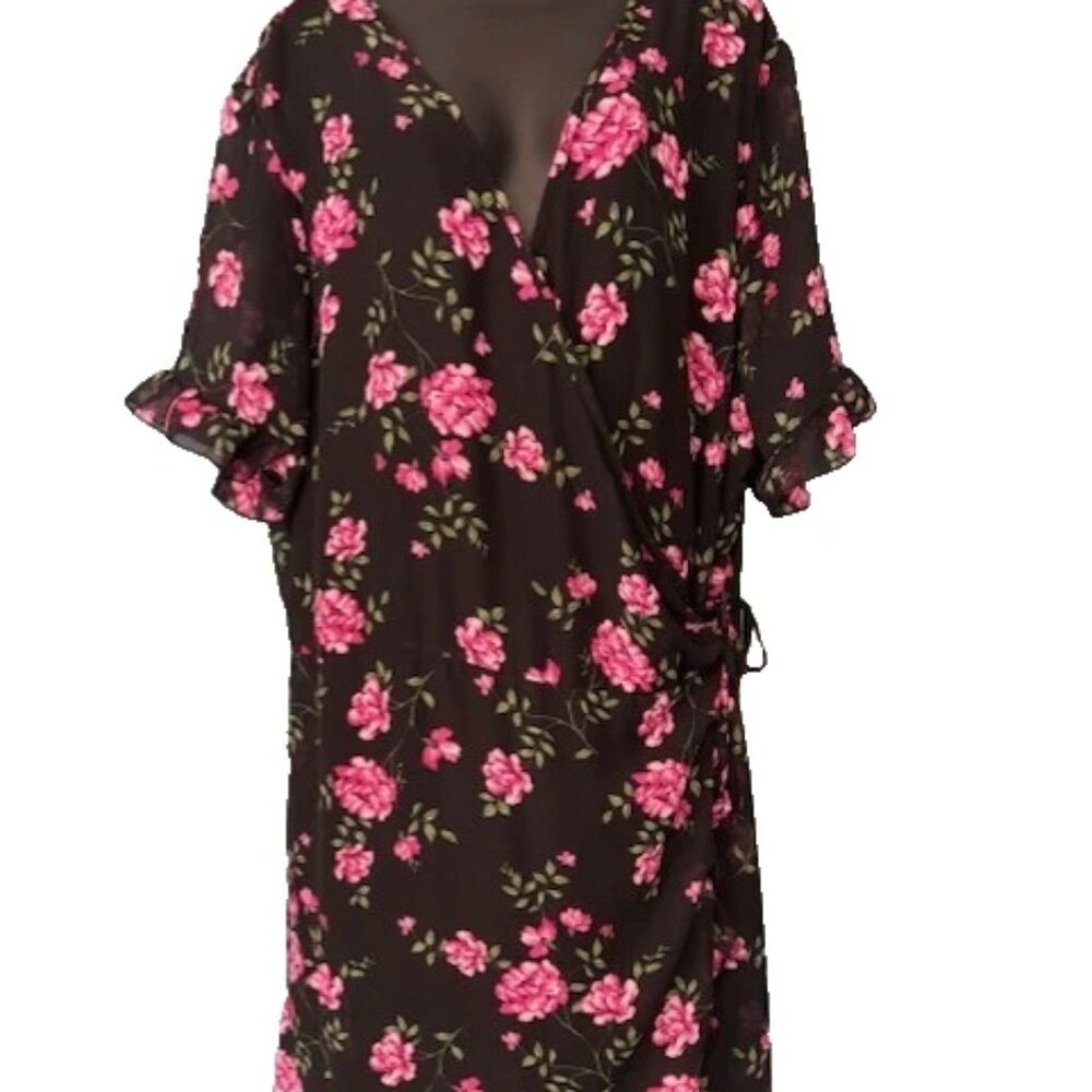 Ashley Stewart 30/32 Wrap Dress Black Pink Floral Boho Cottagecore Short Sleeve